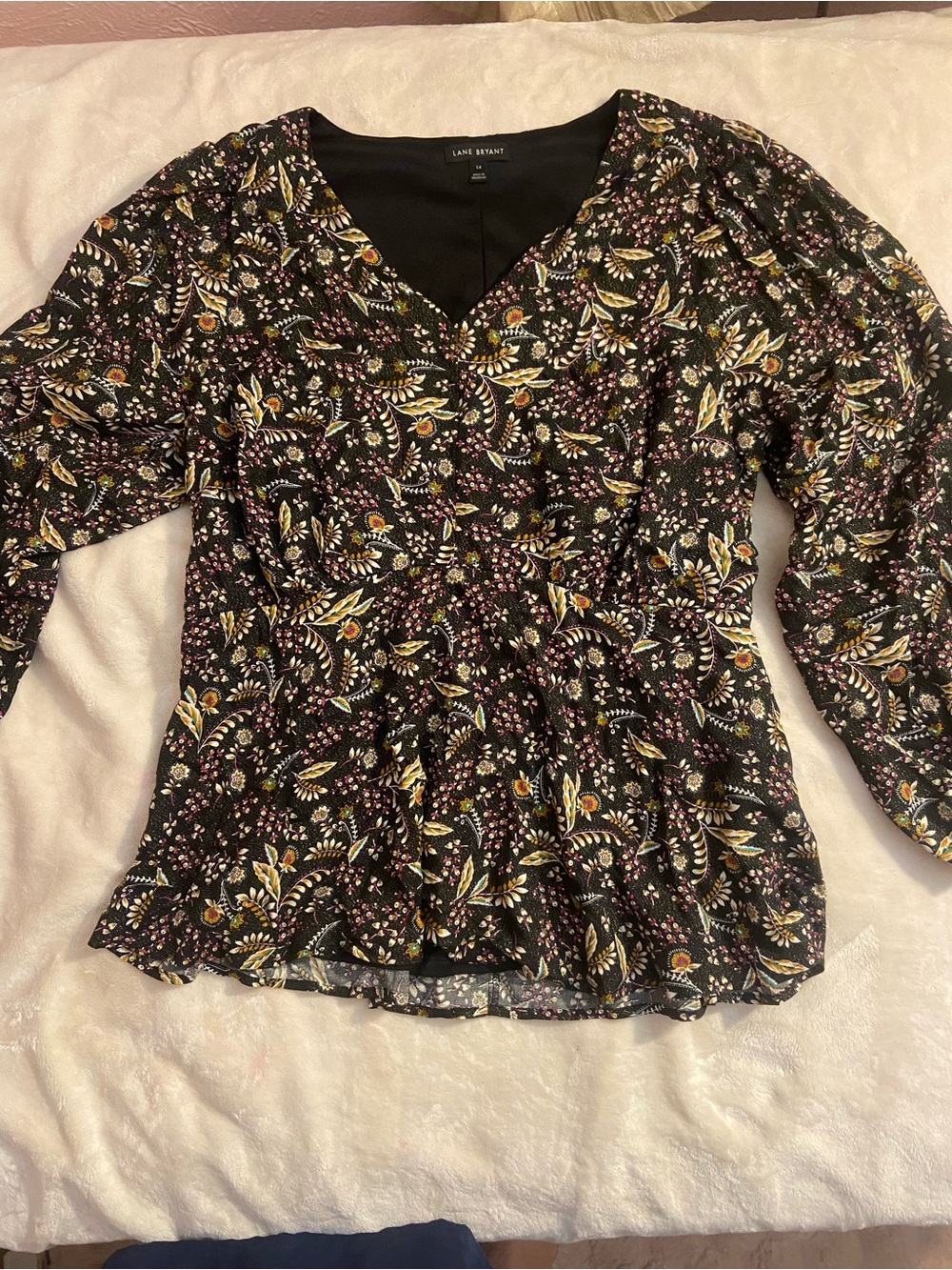 Lane Bryant Black Floral V-Neck Peplum Top with Yellow and Pink Accents